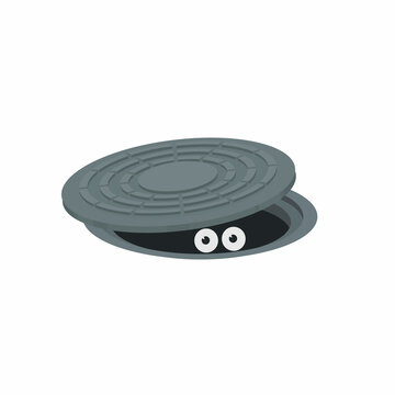 Sewer manhole. Eyes look out of the collector, vector illustration