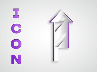 Paper cut Firework rocket icon isolated on grey background. Concept of fun party. Explosive pyrotechnic symbol. Paper art style. Vector