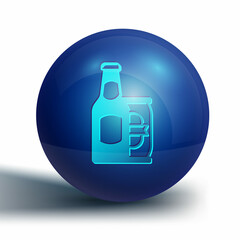Blue Beer bottle and beer can icon isolated on white background. Blue circle button. Vector