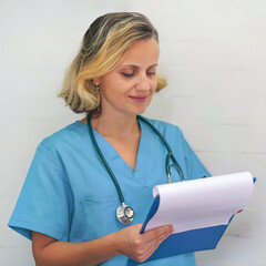 Doctor checking medical report. Female surgeon looking medical reports in the corridor of hospital