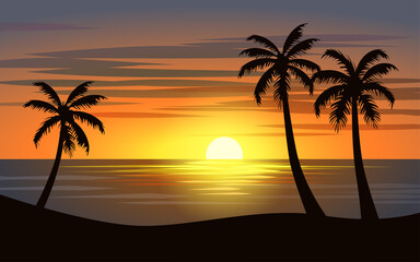 Fototapeta na wymiar Beautiful Sunset Tropical Beach Illustration Design