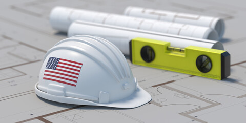 USA flag Architect engineer hardhat on project blueprint plans, 3d illustration