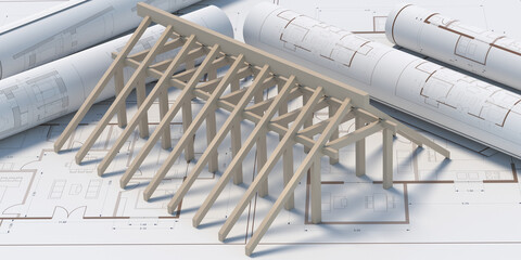House wooden roof structure on building plans background. 3d illustration - obrazy, fototapety, plakaty