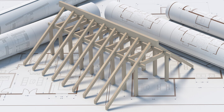 House wooden roof structure on building plans background. 3d illustration