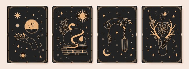 Magic spiritual tarot cards with mystic occult symbols. Vintage engraved boho esoteric tarot card with crystals, stars, moon vector set. Skull with snake and books, hand holding gem
