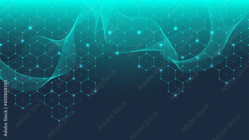 Poster molecular structure background. science template wallpaper or banner with a dna molecules. asbtract 