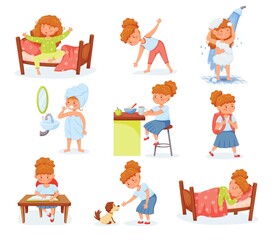 Cartoon cute girl daily routine and children activities. Child brushing teeth, eating breakfast, studying. Day routine for kids vector set. Everyday habits as doing sport, playing with dog