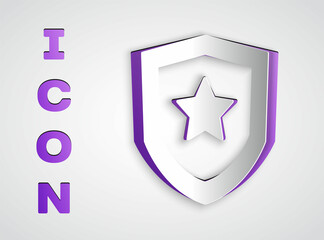 Paper cut Police badge icon isolated on grey background. Sheriff badge sign. Paper art style. Vector