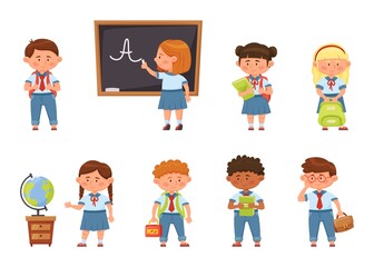 Cartoon school kids in uniform, elementary students with backpacks. Cute pupils holding books, children on first day of school vector set. Classmates holding lunch box, looking at globe