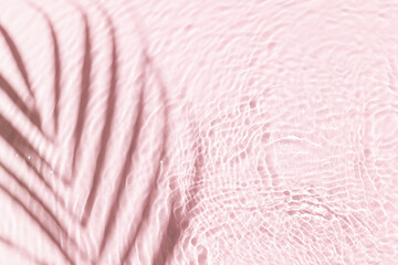 Water background. Pink aqua texture, surface of ripples, transparent palm leaf shadows and sunlight. Spa concept background. Flat lay, top view, copy space, banner