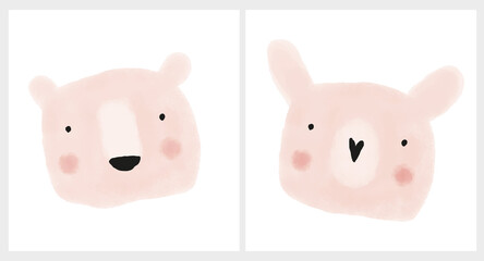 Cute Hand Drawn Rabbit and Teddy Bear Vector Illustration Set. Lovely Nursery Art with Funny Bunny And Dreaming Big Bear Heads Isolated on a White Background. Lovely Prints for Kids Room Decoration.