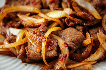 Asian spicy roast meat with onion on the wooden rustic background