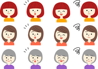 3人の女性の表情セット主線なし