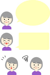 高齢女性の吹き出しと表情のセット