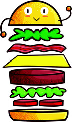 Funny and cute hamburger character get separated