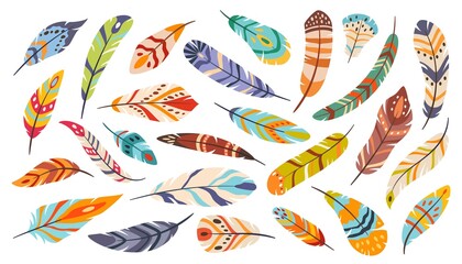 Tribale veren, boho etnische gestileerde vogelveer. Platte cartoon elegante kleurrijke Boheemse bevedering, inheemse veren vector set. Levendig en helder accessoire voor geïsoleerde decoratie