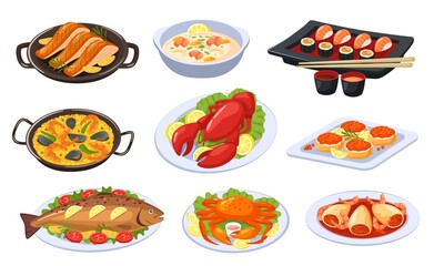 Cartoon seafood dishes, asian food and cuisine. Sushi, lobster, salmon, shrimp soup, baked fish. Delicious festive seafood dish vector set. Traditional japanese meal, restaurant presentation