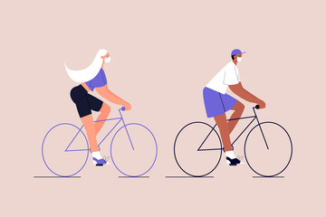 Happy Interracial couple in medical masks ride bicycles. Eco-friendly urban transport. Post-quarantine lifestyle. Vector illustration in flat style on isolated background. Eps 10.
