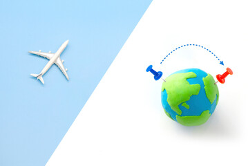 Naklejka premium airplane travel route dash line destination in world map