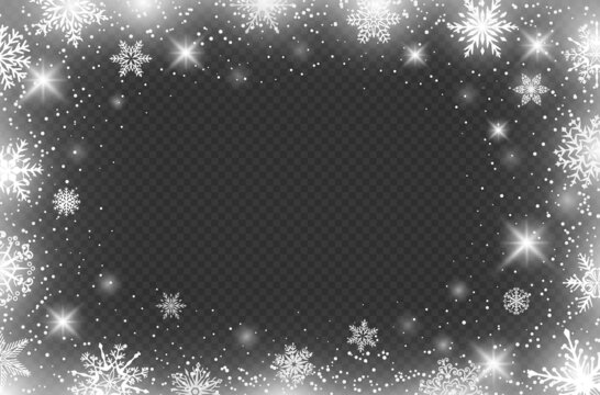 Winter snowflakes border, frozen frame borders effect. Christmas decoration with ice flakes, snow crystals and particles vector background. Falling snow elements for holiday greeting card
