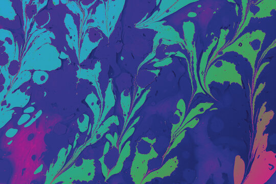 Absract Colorful Oil Painting With Floral Green And Pink Shapes On A Dark Purple-blue Background