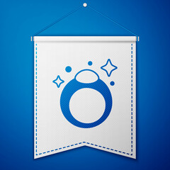 Blue Fantasy magic stone ring with gem icon isolated on blue background. White pennant template. Vector