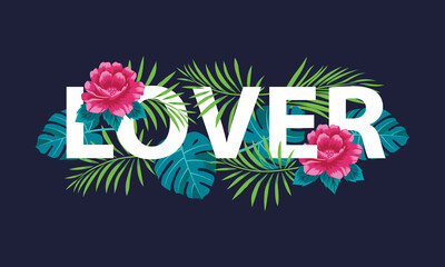 Vector illustration of tropical flowers for banners with palm leaves.