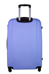 Plastic suitcase purple color on wheels for travel. Travel concept.