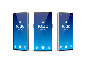 Fototapeta na wymiar Realistic Frameless Smartphone Various Position Mobile Gadget Touch Screen Blue Main Menu