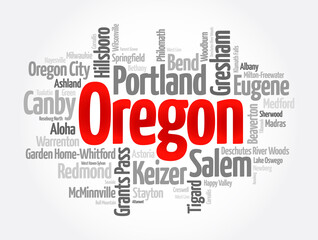 List of cities in Oregon USA state, word cloud concept background