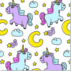 Kids seamless pattern with cute unicorns, clouds, stars and moons. Vector cartoon pattern for print 