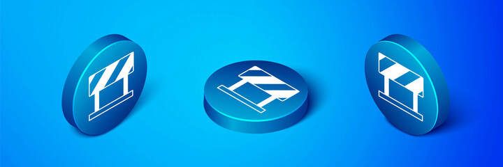 Isometric Road barrier icon isolated on blue background. Symbol of restricted area which are in under construction processes. Repair works. Blue circle button. Vector