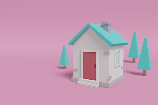 Minimalist simple small cute house isolated on a pastel background. Real estate abstract concept. Cartoon style 3D render