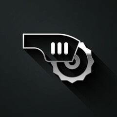 Silver Electric circular saw with steel toothed disc icon isolated on black background. Electric hand tool for cutting wood or metal. Long shadow style. Vector