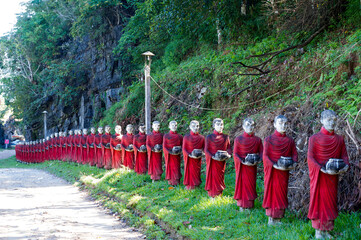 Myanmar (formerly Burma). Kayin State (Karen State). Hpa-An. Row of a hundreds of monks Arahant...