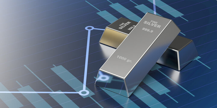 Investment, banking, business concept: 3d render silver ingot bars. Economy and finance line chart surface. Treasure blocks. Profit in stock markets. Data diagram visualizing global economy exchanges