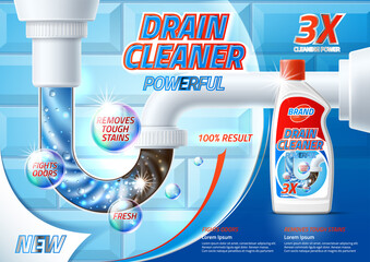 Vector silver drain pipe cleaner product ad