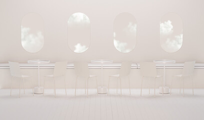 Cafe shop modern and minimal design. Furnitures waiting zone beige color, table and chairs white gloss, white gloss wall. Concept from spaceship, plane .3D render 
