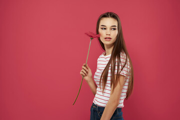 Cheerful girl brunette red flower fashion romance