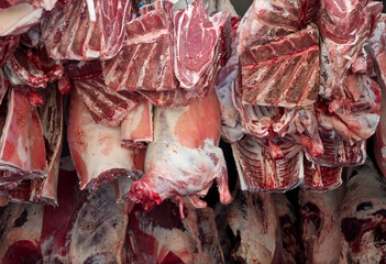 meat hanging in a freezer awaiting preparation