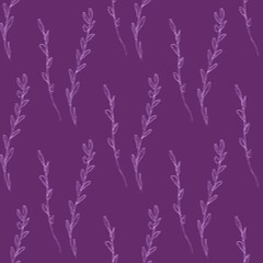 Seamless floral pattern. Simple background with white plants. leaves. Light white lines.  Purple background. Designed for textile fabrics, wrapping paper, background, wallpaper, cover.