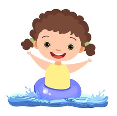 Obraz na płótnie Canvas Girl is having fun. Waves of water in river, sea or ocean. swimming circle, diving and water sports. Pool. Isolated on white background. Illustration in cartoon style. Flat design. Vector art