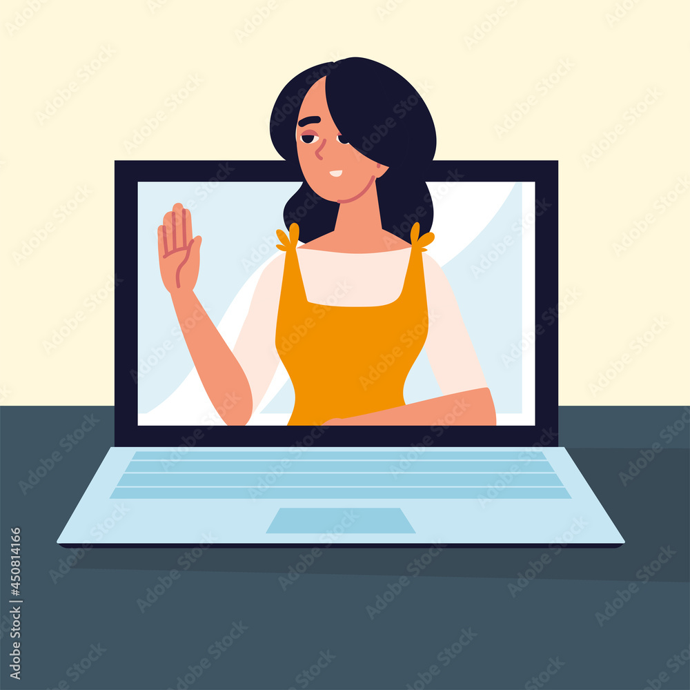 Poster woman talk on video call on laptop