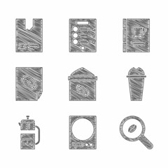 Set Bag of coffee beans, Electronic scales, Selection, Milkshake, French press, Coffee poster, book and icon. Vector