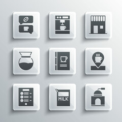 Set Paper package for milk, Manual coffee grinder, Location with cup, Coffee book, menu, Pour over maker, and conversation and shop icon. Vector