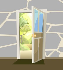 Opened door. View from inside from room of house to summer hills landscape with road. Stone wall. Way is open. Cartoon cute design. Image background. Vector