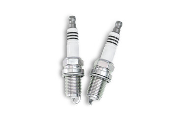 Car Iridium spark plugs in white background for texture copy space of Technician and service concept