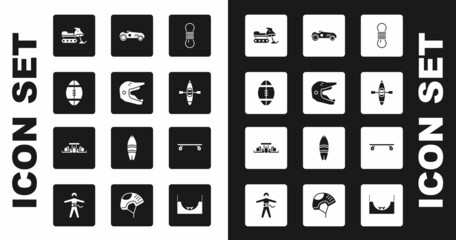 Set Climber rope, Motocross motorcycle helmet, Rugby ball, Snowmobile, Kayak canoe, Vintage sport racing car, Longboard skateboard and Formula 1 icon. Vector