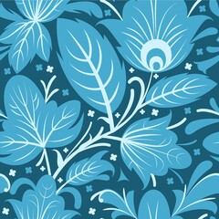 Fototapeta na wymiar Blue vegetable seamless pattern. Cool ornament. Interlacing of branches and flowers. Background illustration. Flat cute symbolic style. Vector