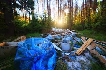 forest garbage dump ecology concept, pollution nature protection of forest from garbage